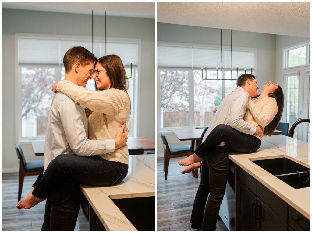 Charlie & Brittany Engagement - Regina engagement - 05 - Woman sits on the kitchen counter