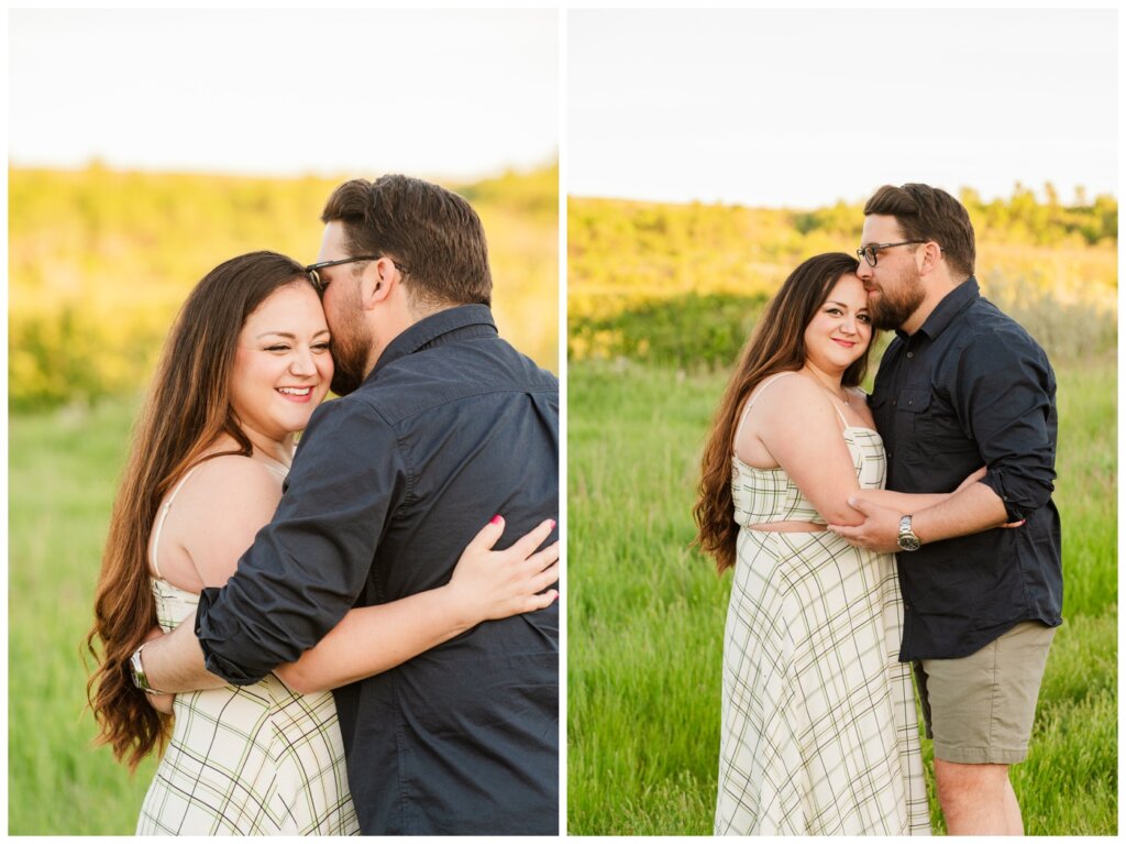 Dustin & Kristyn - Wascana Trails Engagement - 05 - Bride in plaid dress giggles at her groom