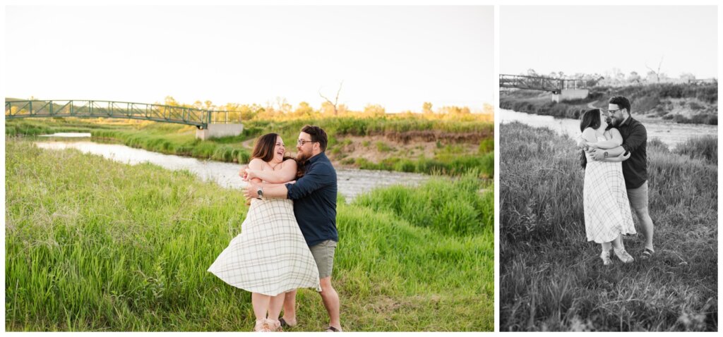 Dustin & Kristyn - Wascana Trails Engagement - 09 - Groom twirls his bride into a hug