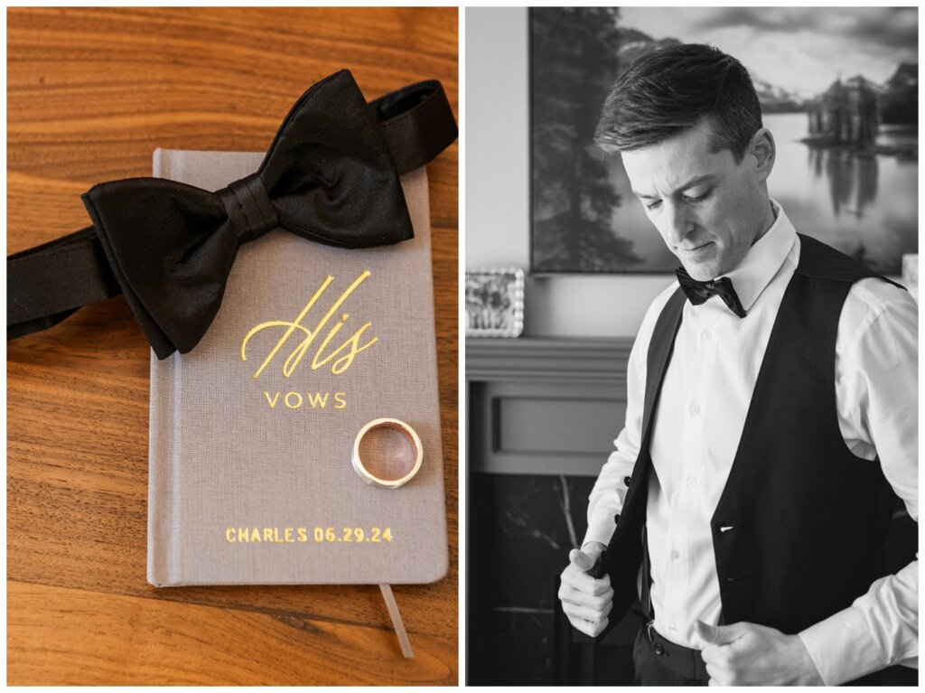 Charlie & Brittany - Regina Wedding - 01- Groom vow book and bow tie