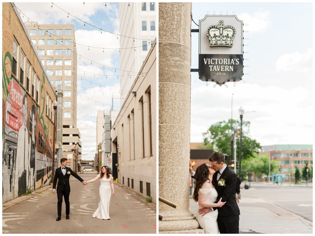 Charlie & Brittany - Regina Wedding - 19- Couple walk down back alley downtown Regina