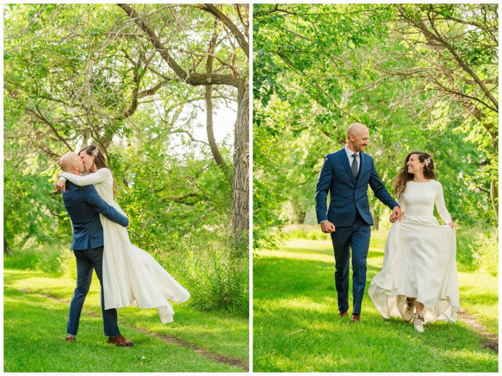 Remi & Celine - Regina Wedding - Les Sherman Park- 19- Couple run through the park