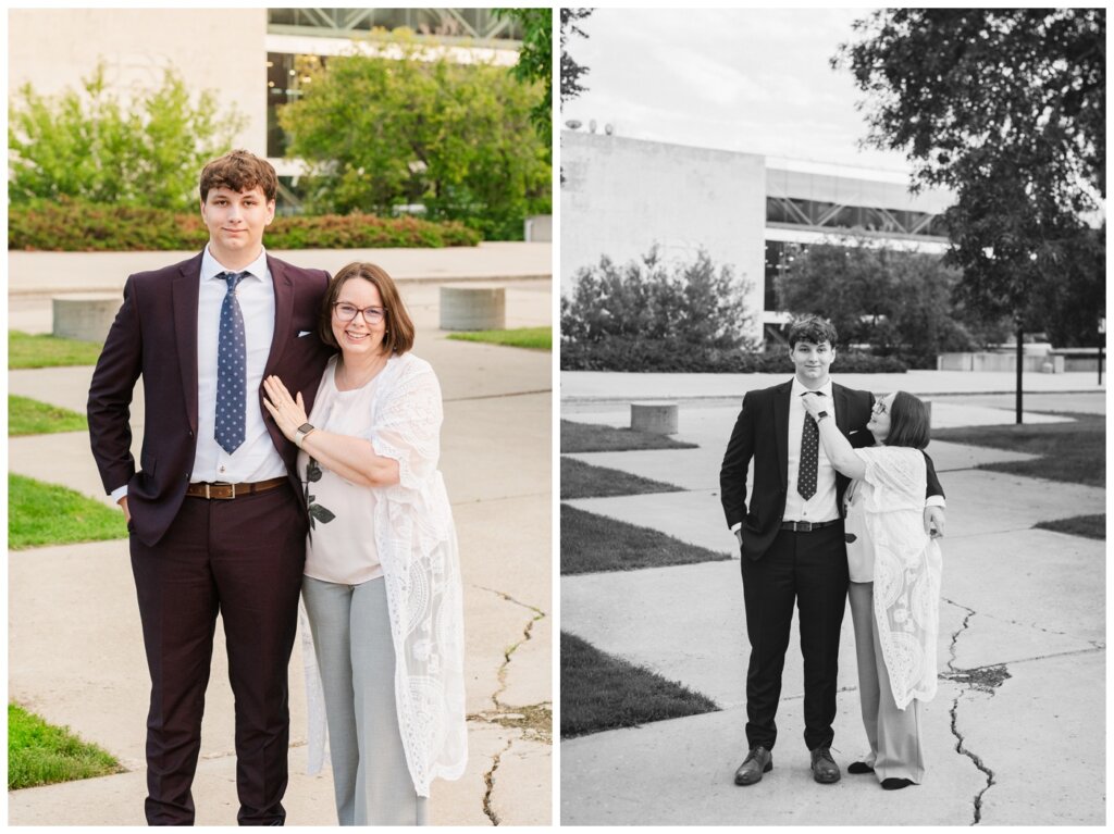 Zach - Senior Grad Session - Provincial Archives of Saskatchewan - 01 - Grad in burgundy suit with his mom