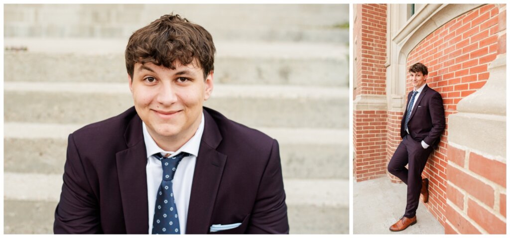 Zach - Senior Grad Session - Provincial Archives of Saskatchewan - 04 - Leaning up against brick wall in burgundy suit