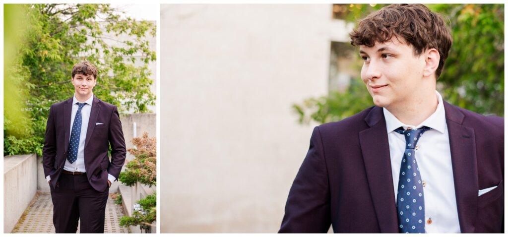 Zach - Senior Grad Session - Provincial Archives of Saskatchewan - 06 - Grad walks through cement alleyway