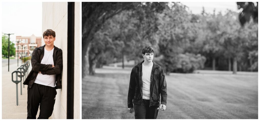 Zach - Senior Grad Session - Provincial Archives of Saskatchewan - 09 - Grad leans up against wall