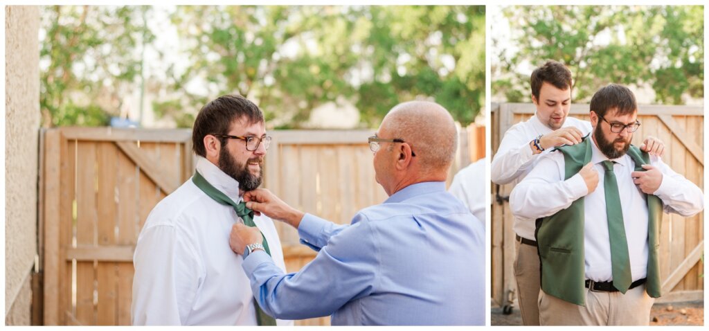 Darren & Amber - Regina Wedding - Summer Wedding 2024 - 01 - Dad helps groom with tie