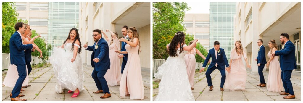 Dustin & Kristyn - Regina Wedding - 19 - University of Regina - Bridesmaids & groomsmen pause for a dance party