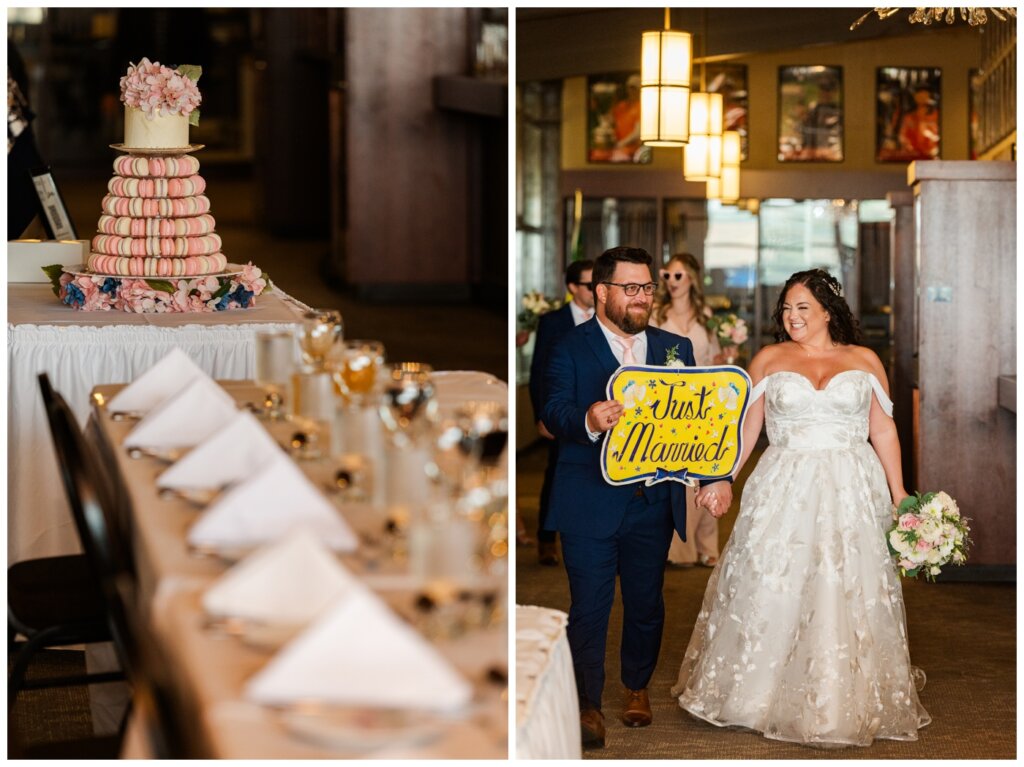 Dustin & Kristyn - Regina Wedding - 26 - Wascana Country Club - Cutting cake & macaron tower