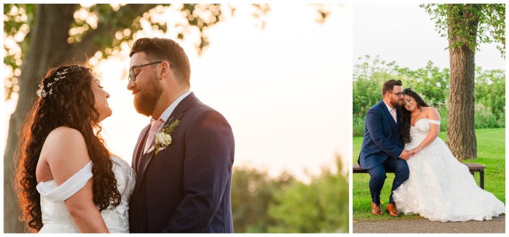 Dustin & Kristyn - Regina Wedding - 27 - Wascana Country Club - Groom sits with bride on metal bench