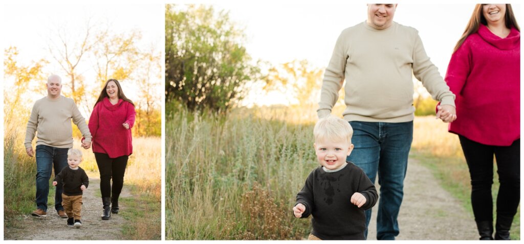 Munroe Family 2024 - Wascana Habitat Conservation Area -06 - Family of three walks along the path