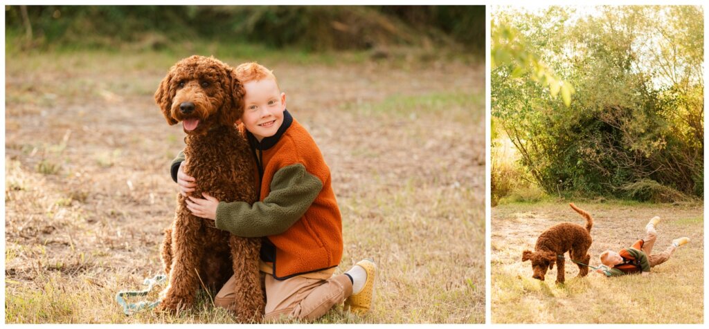 Pelletier Family 2024 - Saskatchewan Science Centre -02 - Little boy with Golden Doodle Puppy