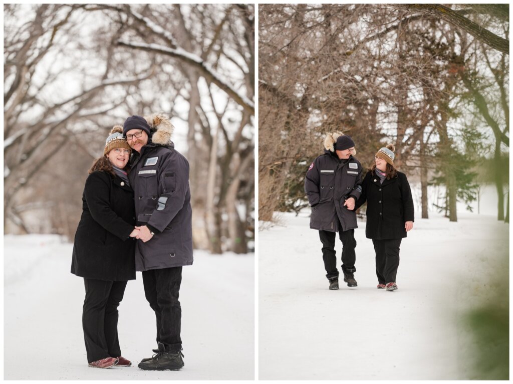 Sheldon & Amy - Regina Winter Photography - Wascana Park - 03 - Couple walk along snowy path