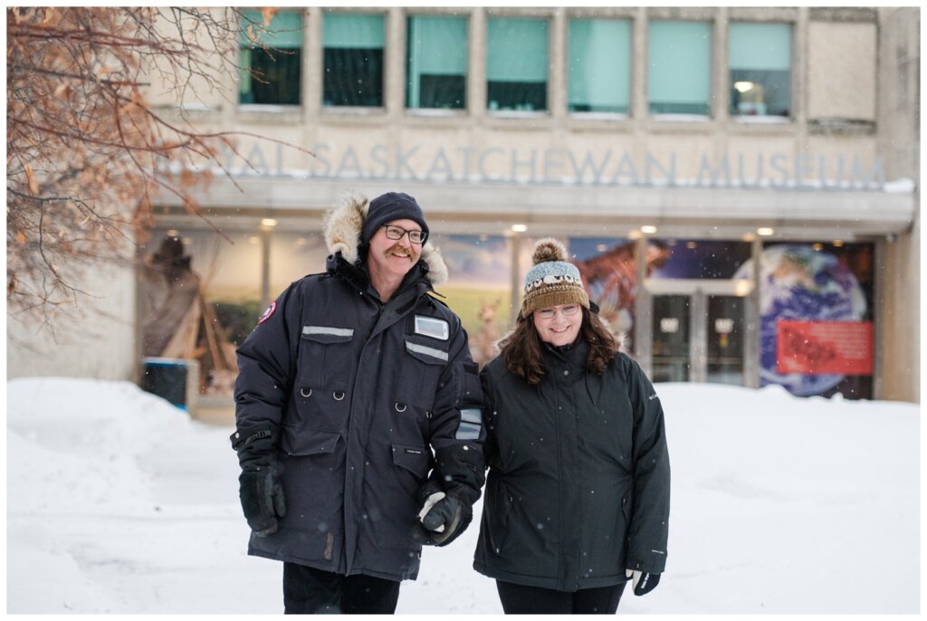 Sheldon & Amy - Regina Winter Photography - Wascana Park - 07 - Couple in front of Royal Saskatchewan Museum