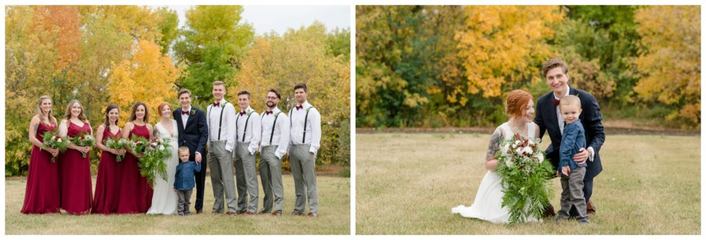 Regina Wedding Photographers - Cole-Alisha - Fall Wedding - Bridal Party - Ringbearer - Burgundy Chiffon Dresses - Grey Suits