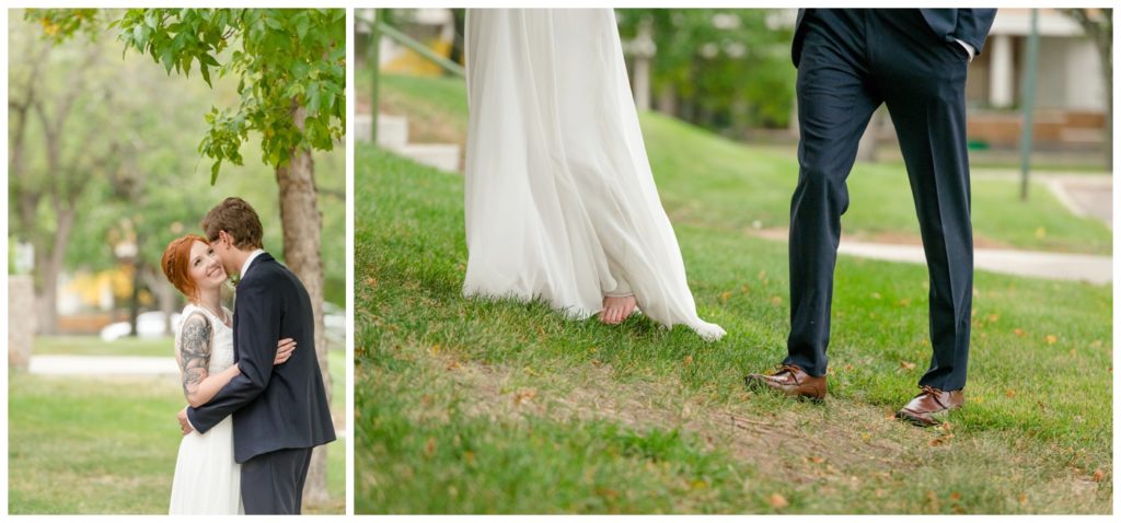 Regina Wedding Photography - Cole-Alisha - Fall Wedding - Barefoot Bride - Navy Suit - Chiffon Wedding Dress