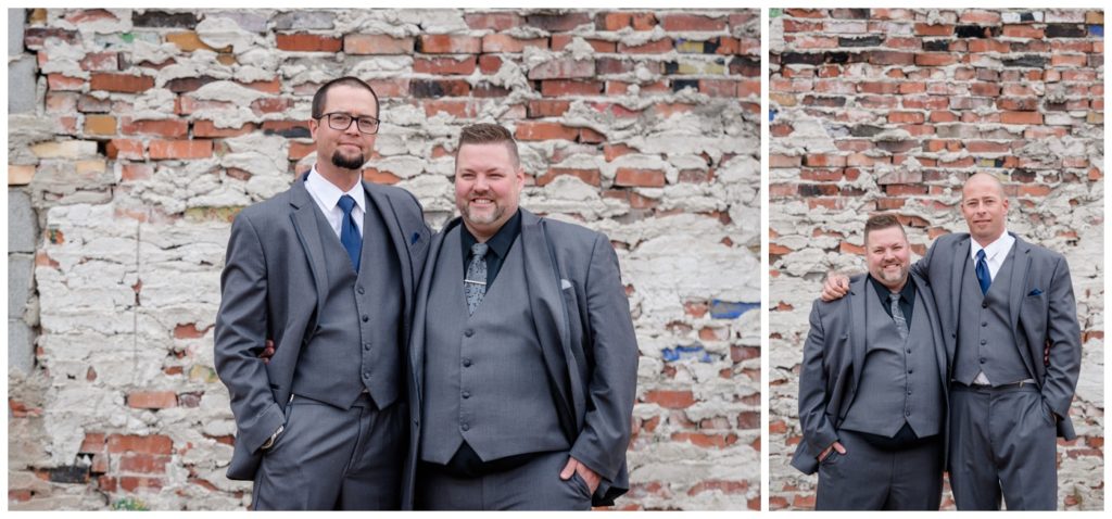 Regina Wedding Photographer - Scott-Ashley - Fall Wedding - Groom - Groomsmen - Grey Suit - Blue Tie - Exposed Brick