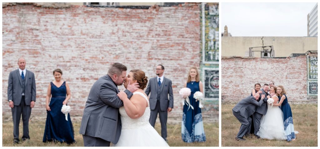Regina Wedding Photographer - Scott-Ashley - Fall Wedding - Morilee gown - Madeline Gardner - Blue Lace - Grey Suits - Group Hug - Exposed Brick