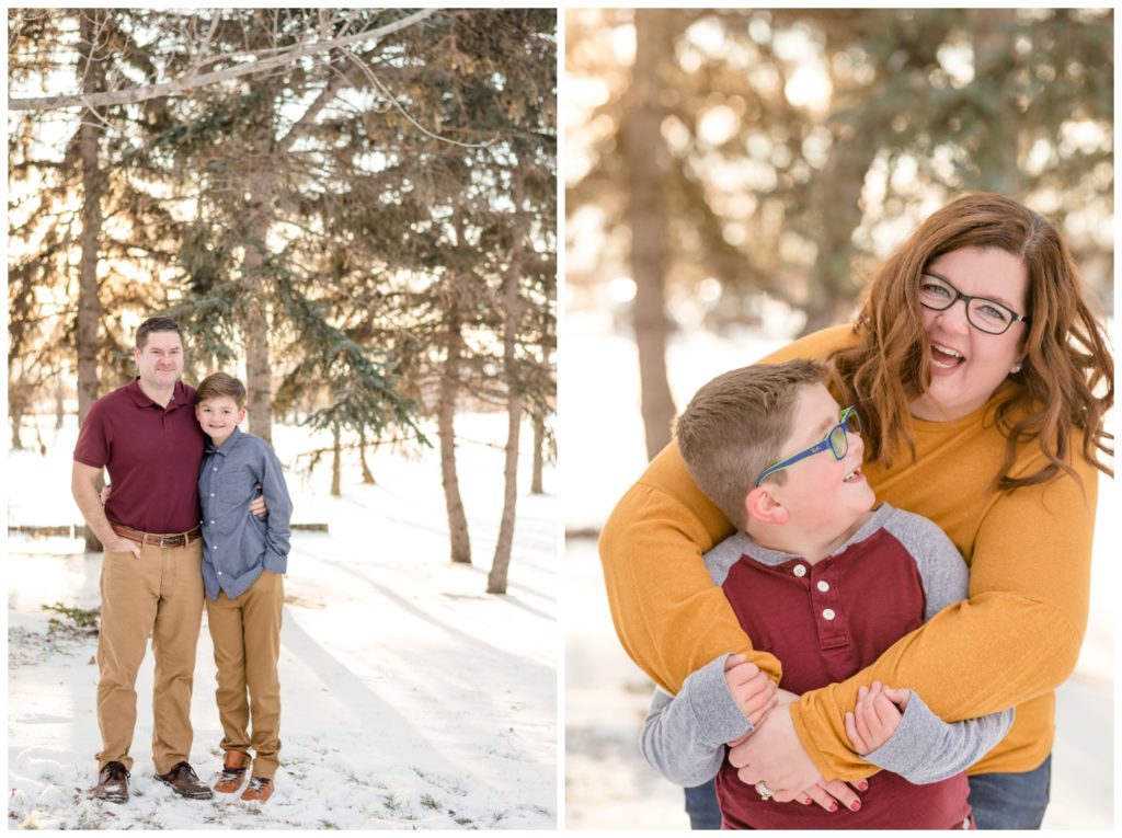 Regina Family Photographer - Goudy Family - Winter Family Session - Snow - Candy Cane Park - Mother hugging boy with glasses