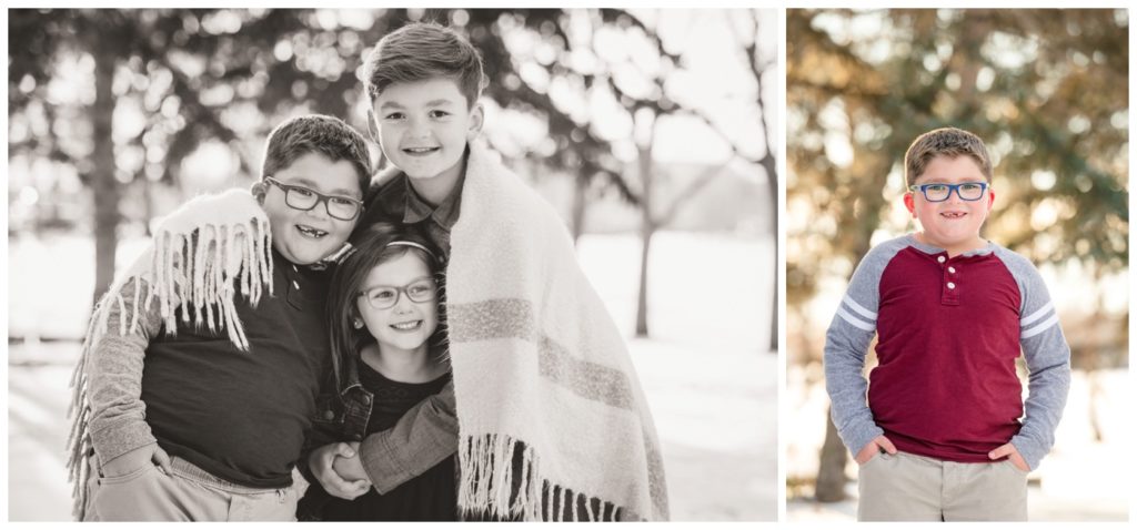 Regina Family Photographer - Goudy Family - Winter Family Session - Snow - Three Children Under Blanket - Candy Cane Park