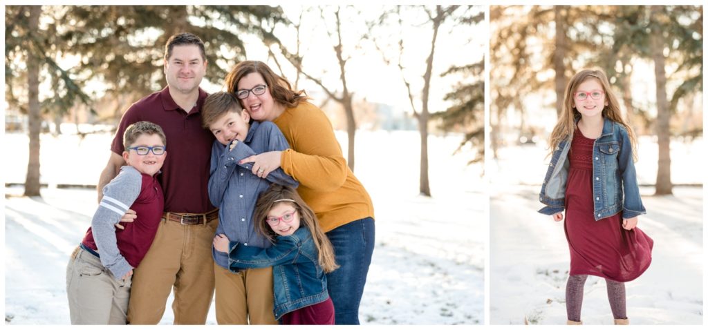 Regina Family Photographers - Goudy Family - Winter Family Session - Pine Trees - Snow - Candy Cane Park - Mustard - Wine - Khaki - Denim