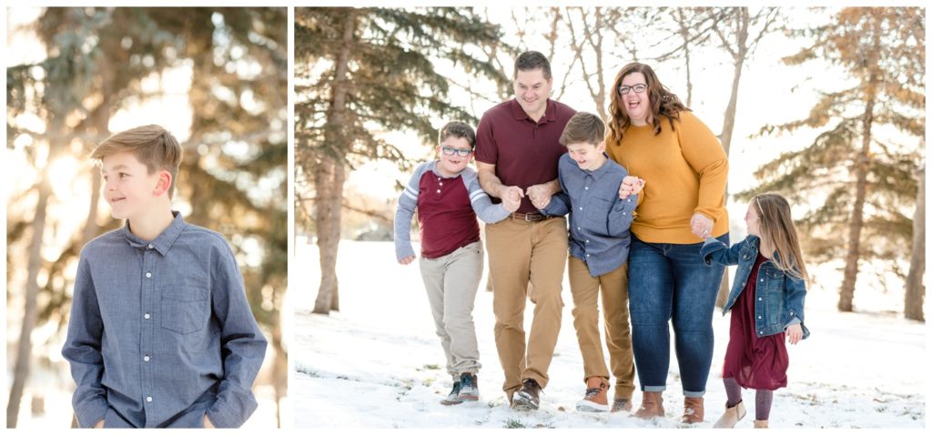 Regina Family Photography - Goudy Family - Winter Family Session - Snow - Candy Cane Park - Mustard Sweater - Denim Jacket - Wine Toddler Dress