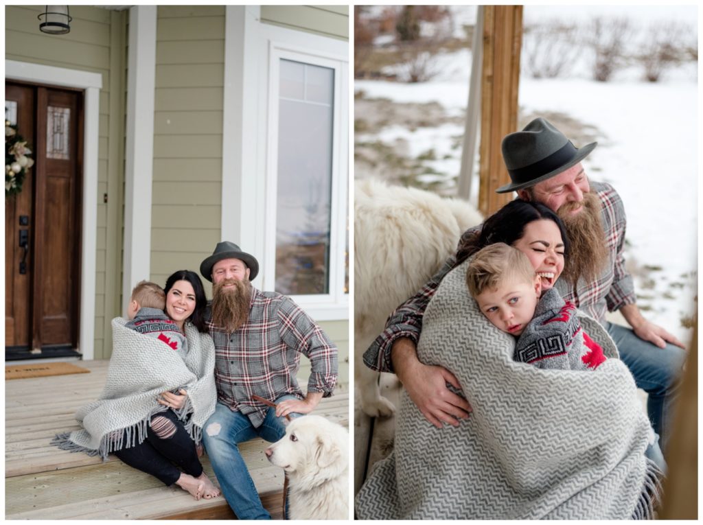 Regina Family Photography - Keen Family - Dionne-Timothy-Shepherd - In home Family Session - Lumsden - Front Porch Snuggle - Blanket - Barefeet