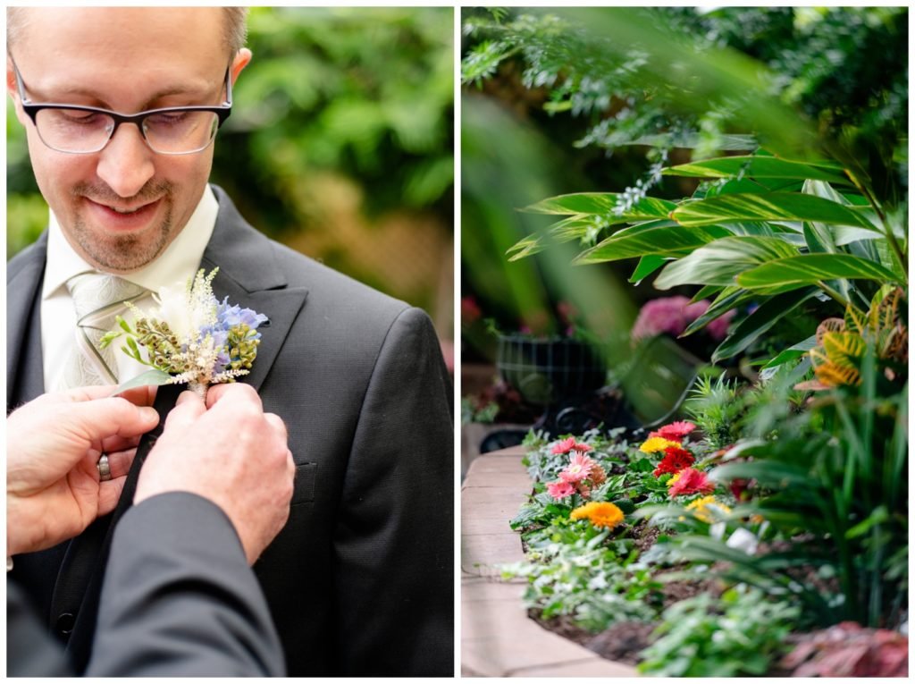 Regina Wedding Photography - Dave - Sarah - Wedding - Regina Floral Conservatory - Groom Boutonniere - Gerber Daisy - White Rose