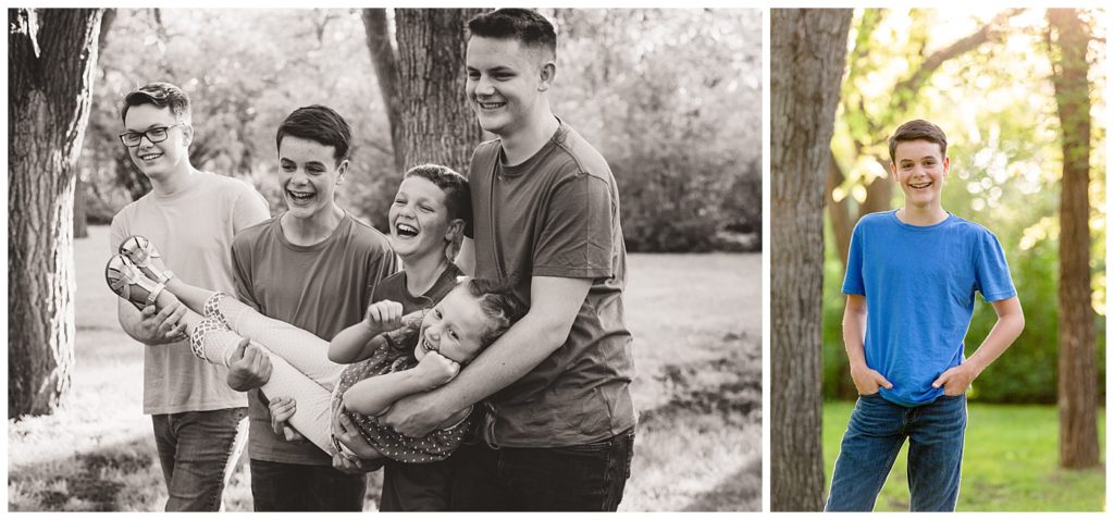 Regina Family Photography - Butler Family - Caris - Lucas - Aaron - Josiah - Nathan - Wascana Park - Four Brothers carrying Younger Sister