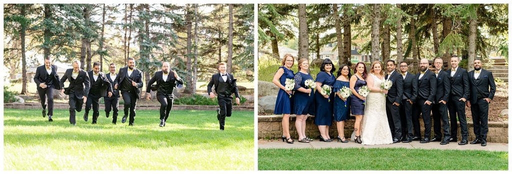 Regina Wedding Photography - Nishant - Corrina - Bridal Party Portraits - Bridesmaids in navy blue cocktail dresses - Groomsmen in black suits with gold bowties
