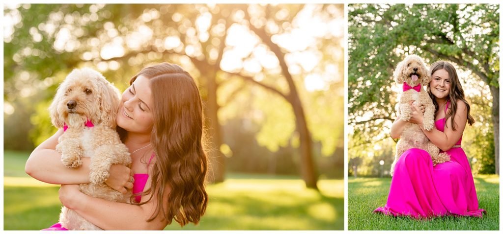 Regina Family Photographer - Georgia Graduation 2020 - Summer Graduation Session - Girl in vibrant pink dress hugs her dog in matching pink bowtie