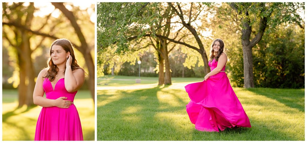 Regina Family Photographers - Georgia Graduation 2020 - Summer Graduation Session - Girl in vibrant pink dress twirling in the park