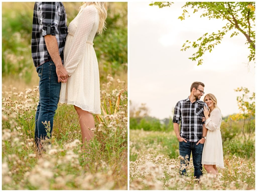 Regina Engagement Photography with Brett & Rachelle. Natural Light Engagement Session in Douglas Park. Couple in a field of fluff inside the Wascana Habitat Conservation Area