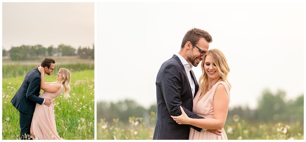 Regina Engagement Photographer - Engagement Session in Douglas Park Regina - Couple kiss in a field of tall grass at sunset - Blush chiffon dress