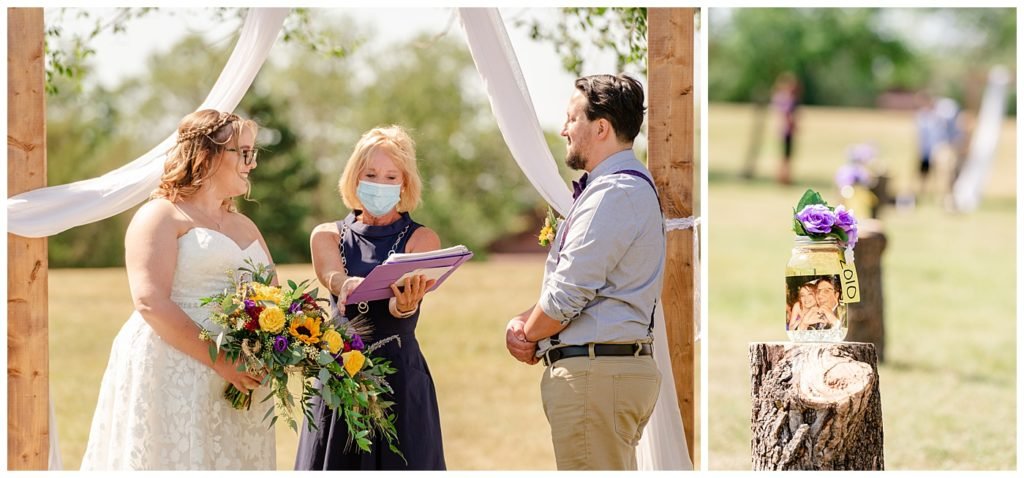 Regina Wedding Photographer - Ryan - Aeliesha - Bride & groom standing under wooden arch with Justice of the Peace - AE Wilson Park