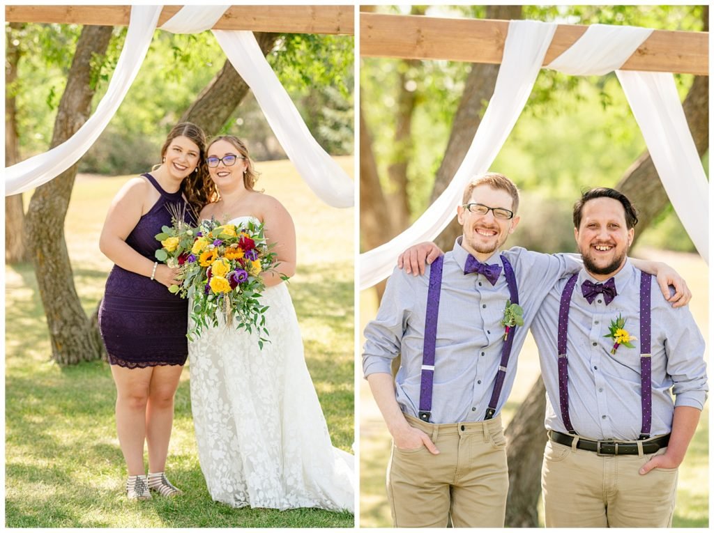 Regina Wedding Photographer - Ryan - Aeliesha - Bride with bridesmaid in purple lace dress - Groom with groomsmen with purple bowtie & suspenders