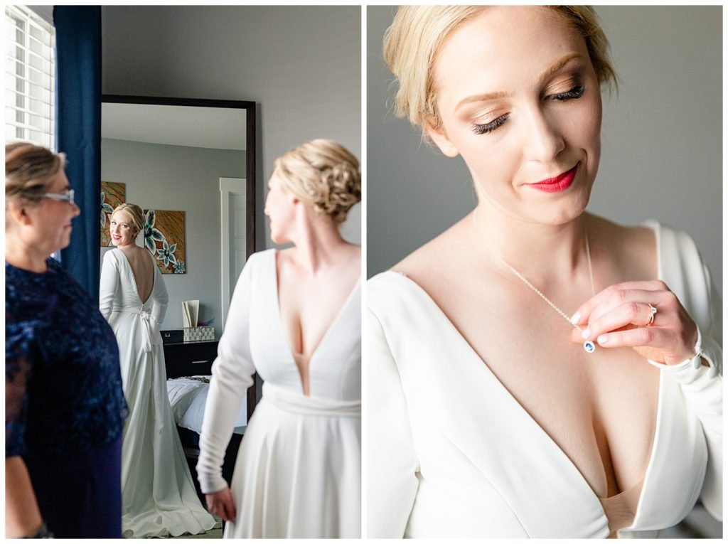 Regina Wedding Photographer - Tyrel - Allison - Bride in her Kathryn Bass custom gown - Sapphire birthstone Necklace by Hillberg & Berk