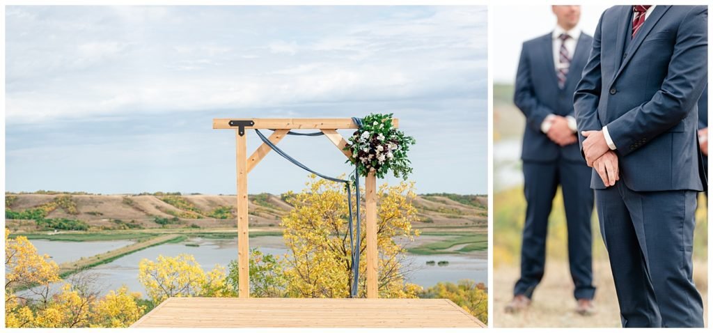 Regina Wedding Photographer - Tyrel - Allison - Groom anxiously awaits his bride at the altar overlooking the QuAppelle Valley