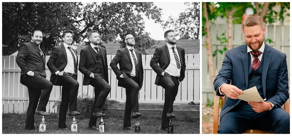 Regina Wedding Photographers - Tyrel - Allison - Groom & Groomsmen pose with Captain Morgan