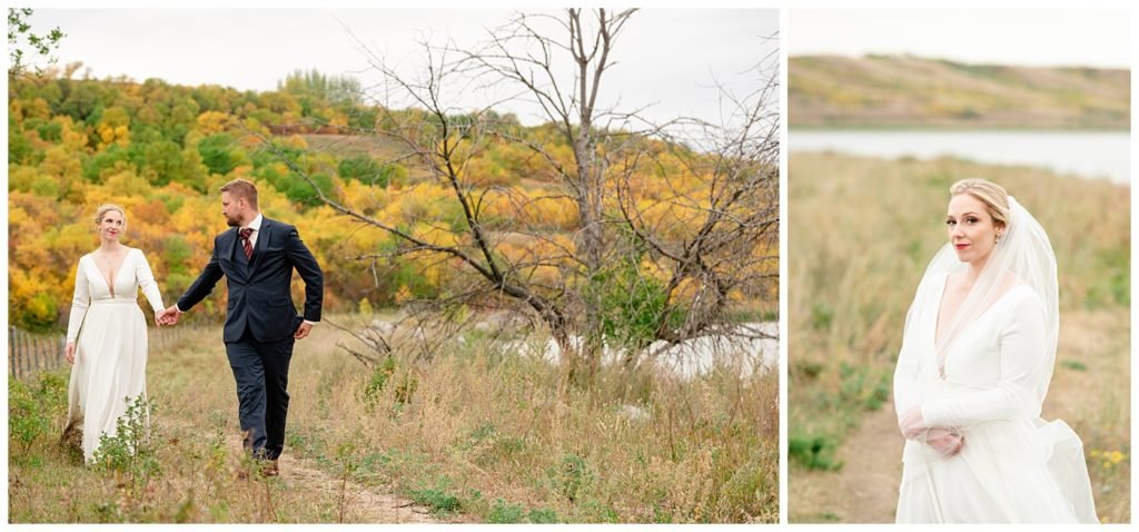 Regina Wedding Photographers - Tyrel - Allison - Groom leads his wife along the path