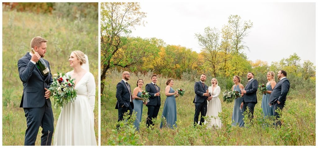 Regina Wedding Photography - Tyrel - Allison - Bridal party celebrates with Henkel champagne