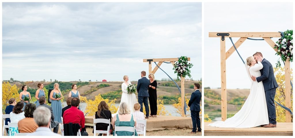 Regina Wedding Photography - Tyrel - Allison - Bride & Groom exchanging vows overlooking the QuAppelle Valley in fall