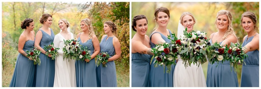 Regina Wedding Photography - Tyrel - Allison - Bride with Bridesmaids - Fall bouquets made by Blooms by Alison