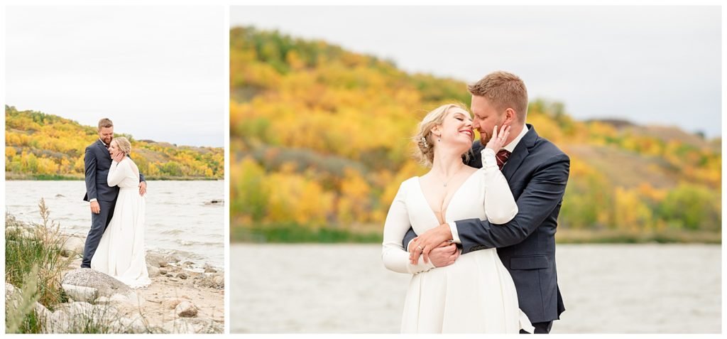 Regina Wedding Photography - Tyrel - Allison - Groom makes bride laugh on the beach