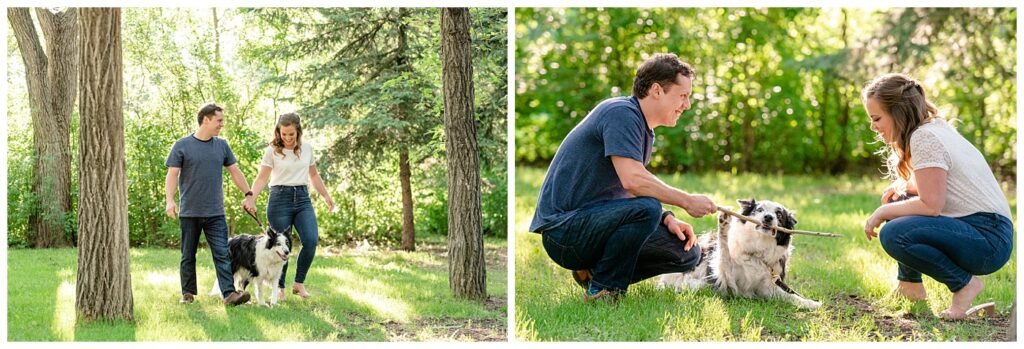 Regina Engagement Photographer - Adam - Sarah - Natural Light Engagement Session in Wascana Park - Couple plays with their dog