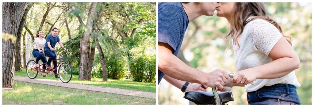 Regina Engagement Photographer - Adam - Sarah - Natural Light Engagement Session in Wascana Park - Couple riding tandem through Wascana Park