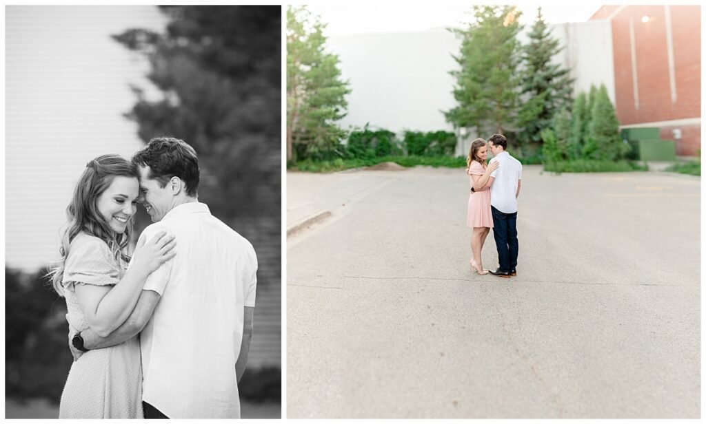 Regina Engagement Photographer - Adam - Sarah - Natural Light Engagement Session in Wascana Park - Regina CBC Building - Couple snuggles in the parking lot