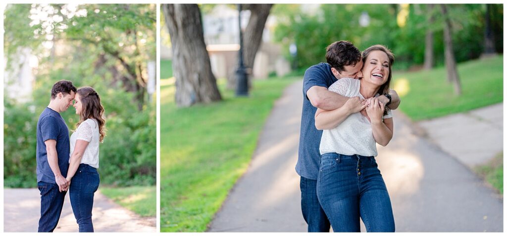 Regina Engagement Photographer - Adam - Sarah - Natural Light Engagement Session in Wascana Park - Tickling fiance in the park