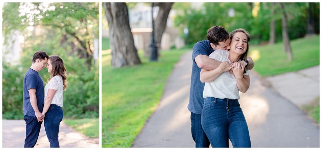 Regina Engagement Photographer - Adam - Sarah - Natural Light Engagement Session in Wascana Park - Tickling fiance in the park