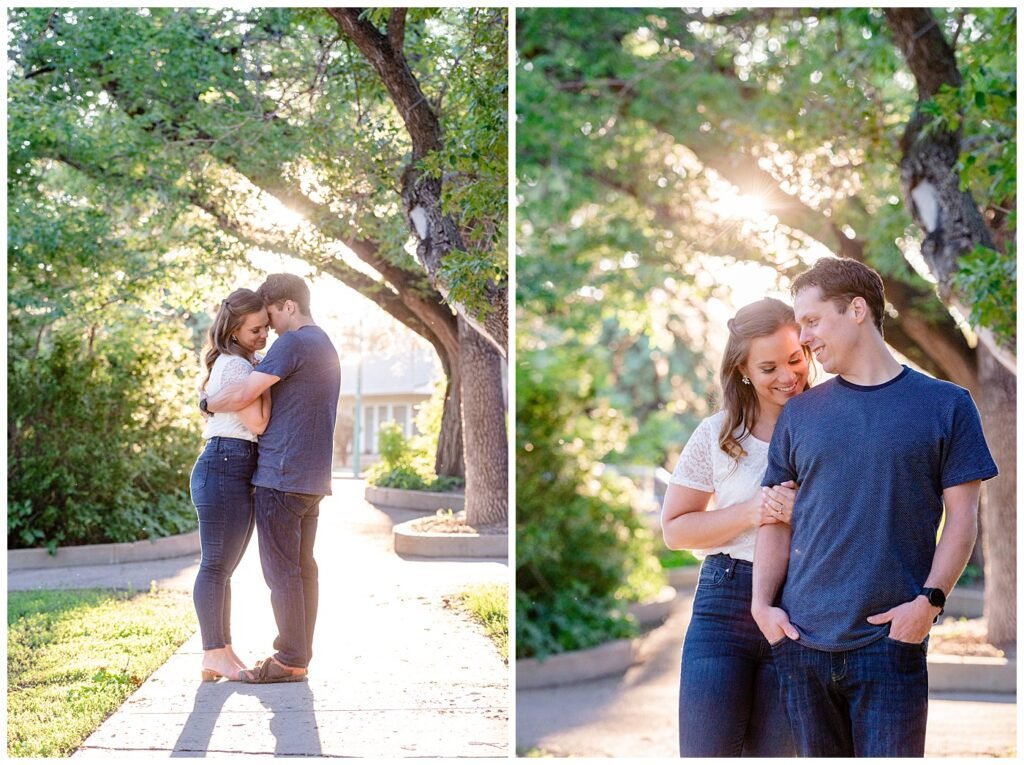 Regina Engagement Photography - Adam - Sarah - Natural Light Engagement Session in Wascana Park - Couple pauses for quiet moment near Speakers Corner